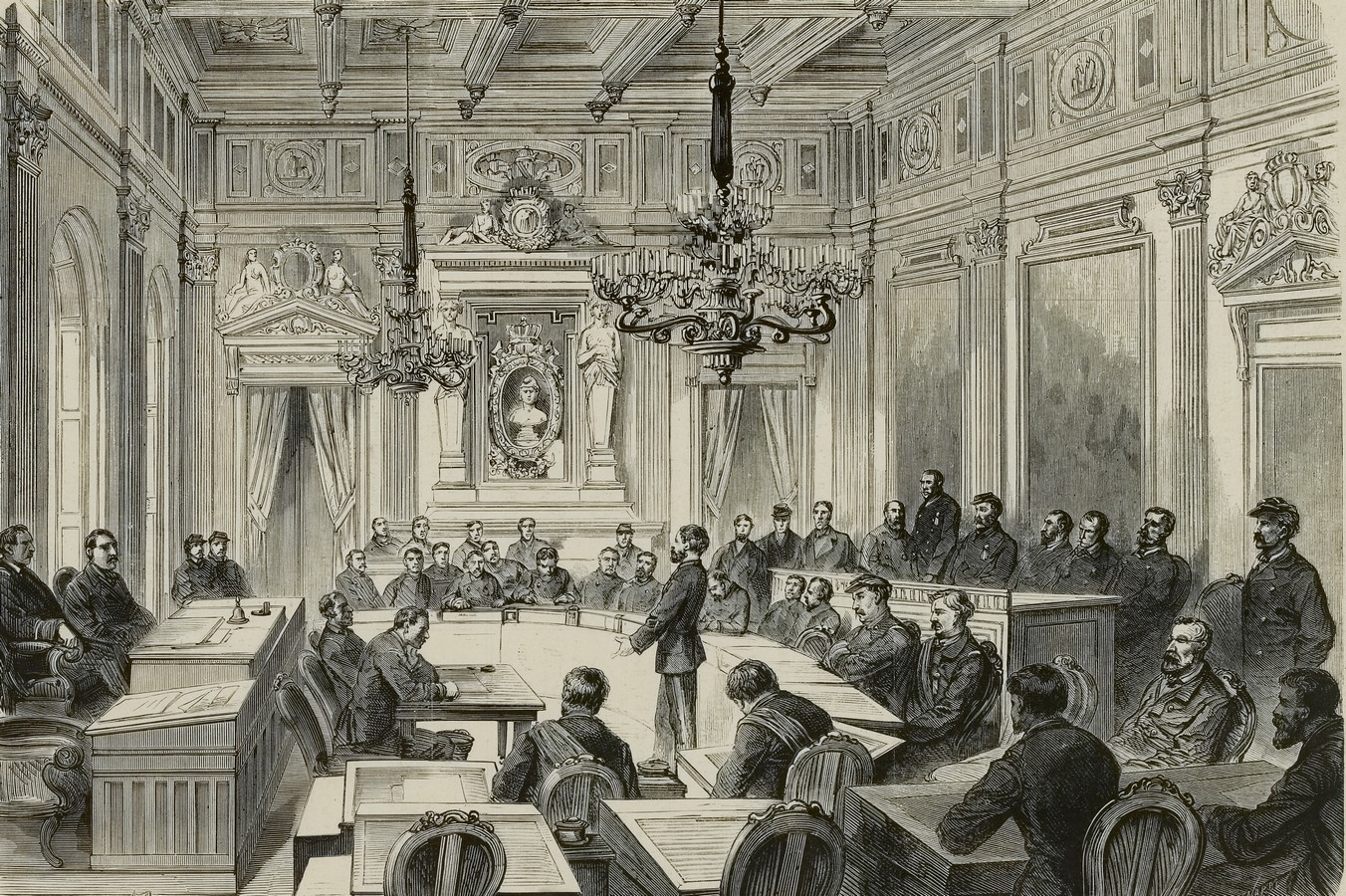 Une séance de la Commune dans la salle des Maires à l'Hôtel de Ville en 1871. Daudenarde, Louis-Josée-Amédée , Graveur Deroy, Auguste Victor , Dessinateur  (source : © Musée Carnavalet – Histoire de Paris)